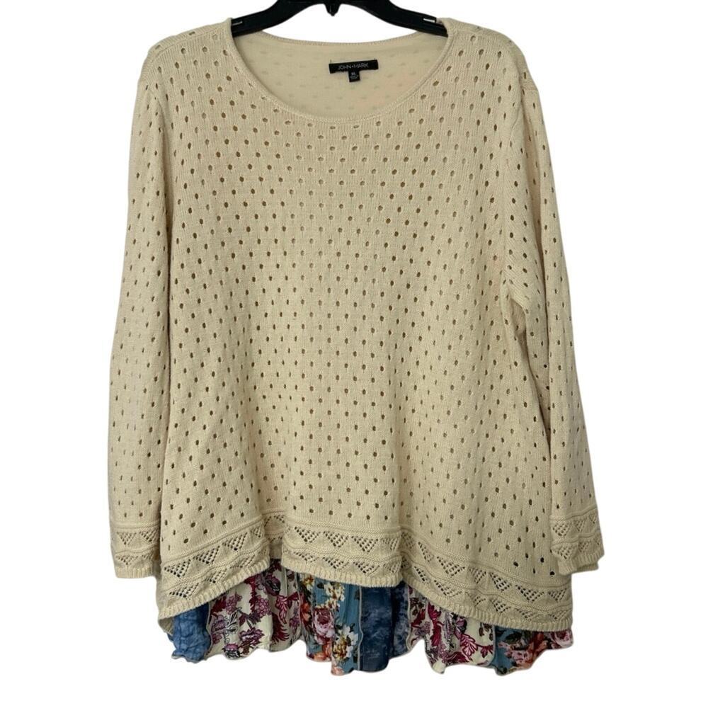 John Mark Beige Open Knit Floral Layered Ruffle Hem Sweater XL Boho Cottagecore